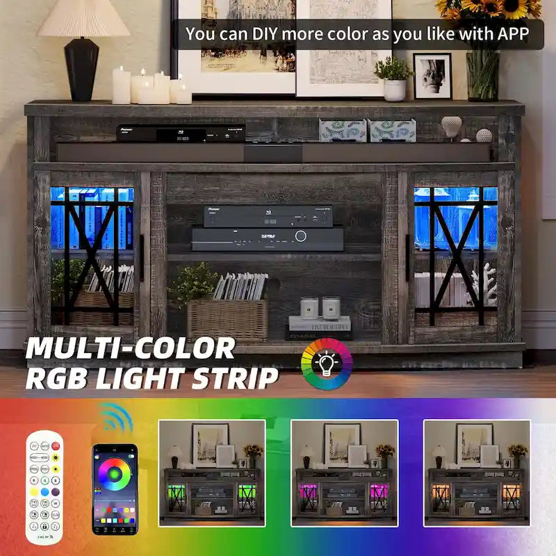 Mobile TV highboy da 59 pollici con 2 ante e luci LED, adatto per TV fino a 70 pollici