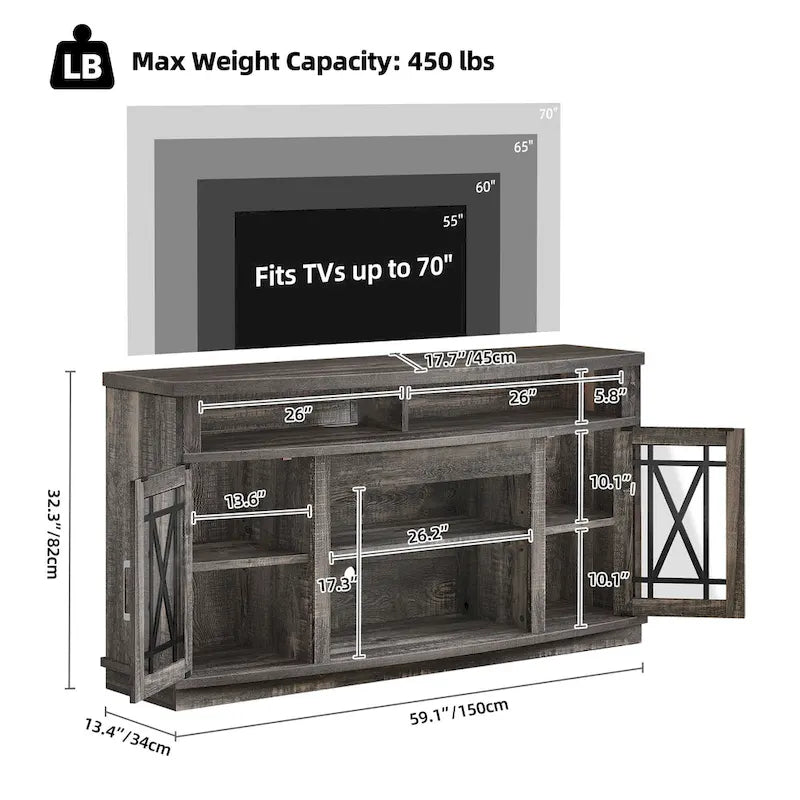 Mobile TV highboy da 59 pollici con 2 ante e luci LED, adatto per TV fino a 70 pollici