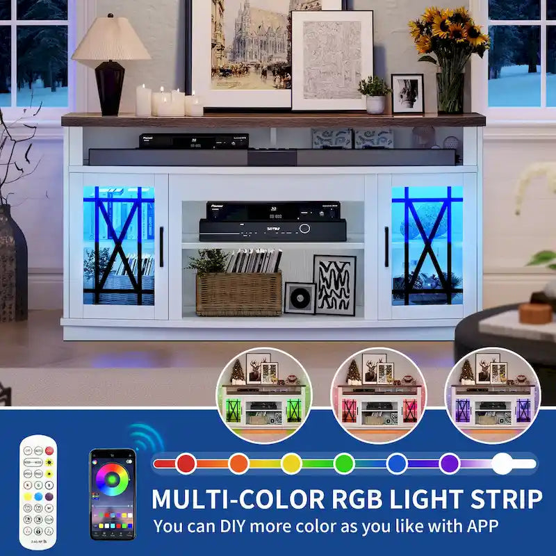 Mobile TV highboy da 59 pollici con 2 ante e luci LED, adatto per TV fino a 70 pollici