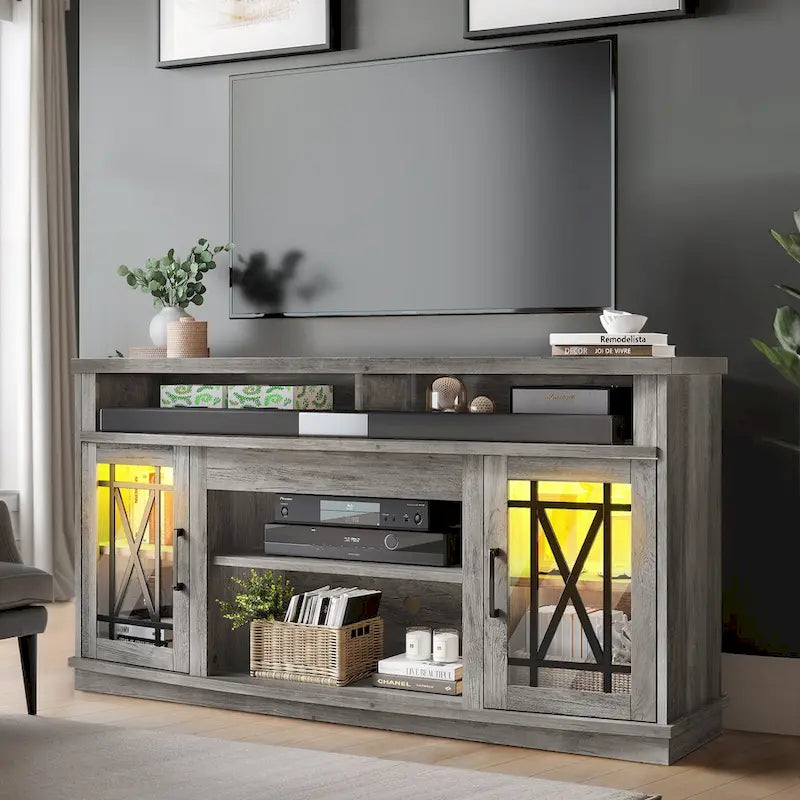 Mobile TV highboy da 59 pollici con 2 ante e luci LED, adatto per TV fino a 70 pollici
