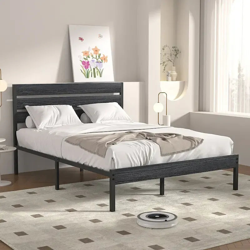 Giroletto con testiera in legno, robuste doghe in metallo di supporto, non è necessario il box spring, nero