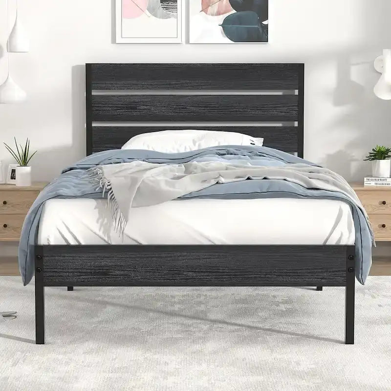 Giroletto con testiera in legno, robuste doghe in metallo di supporto, non è necessario il box spring, nero