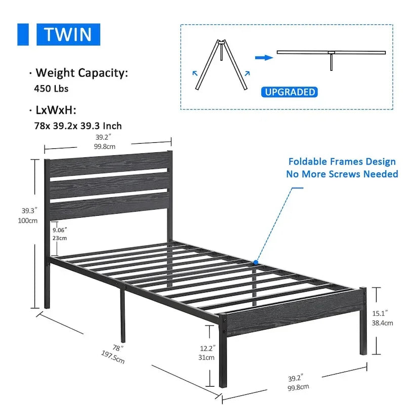 Giroletto con testiera in legno, robuste doghe in metallo di supporto, non è necessario il box spring, nero