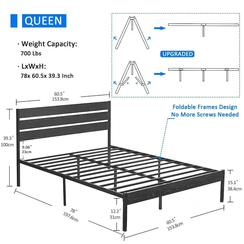 Giroletto con testiera in legno, robuste doghe in metallo di supporto, non è necessario il box spring, nero