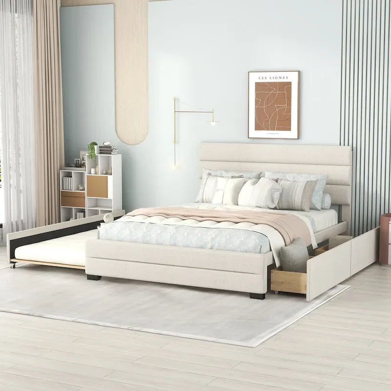 Letto matrimoniale imbottito in lino con letto estraibile singolo e due cassetti portaoggetti, testiera imbottita
