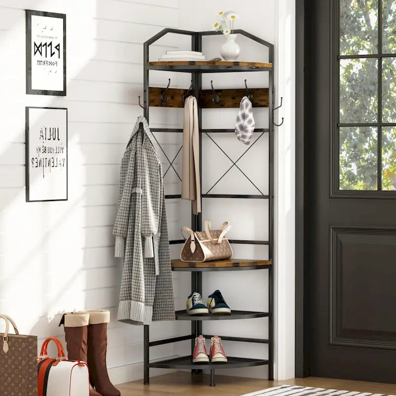 Albero angolare da ingresso con porta scarpe, appendiabiti da ingresso con 6 doppi ganci, scarpiera organizer per ingresso, corridoio, camera da letto