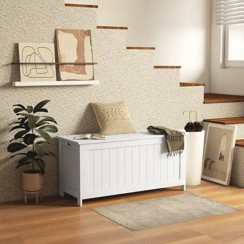 Cassapanca Contenitore, Scatola in Legno con 2 Cerniere di Sicurezza e Maniglie Intagliate, Baule Contenitore Moderno per Soggiorno, Ingresso