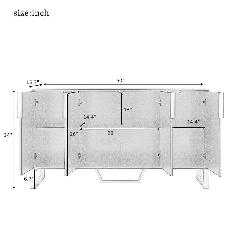 Credenza moderna con quattro ante, maniglie e gambe in metallo e scaffali regolabili per la cucina