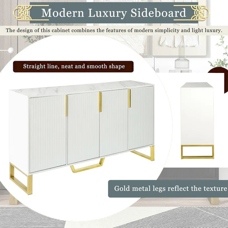 Credenza moderna con quattro ante, maniglie e gambe in metallo e scaffali regolabili per la cucina