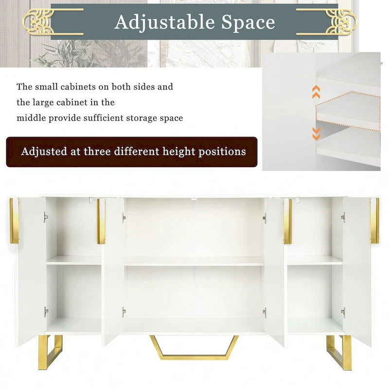 Credenza moderna con quattro ante, maniglie e gambe in metallo e scaffali regolabili per la cucina