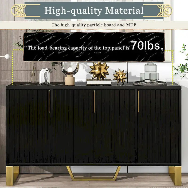 Credenza moderna con quattro ante, maniglie e gambe in metallo e scaffali regolabili per la cucina