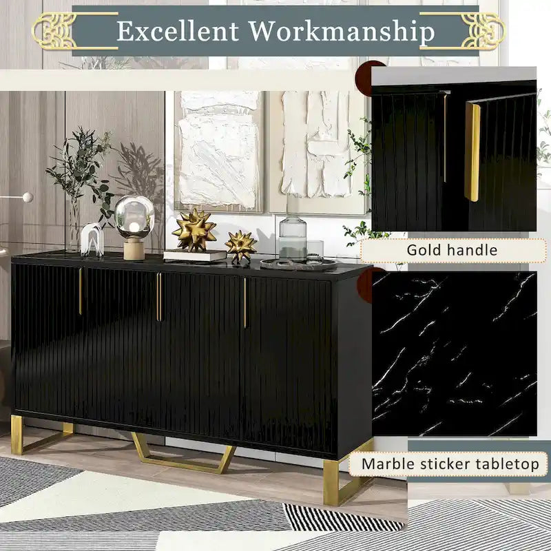 Credenza moderna con quattro ante, maniglie e gambe in metallo e scaffali regolabili per la cucina