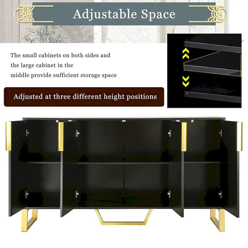 Credenza moderna con quattro ante, maniglie e gambe in metallo e scaffali regolabili per la cucina