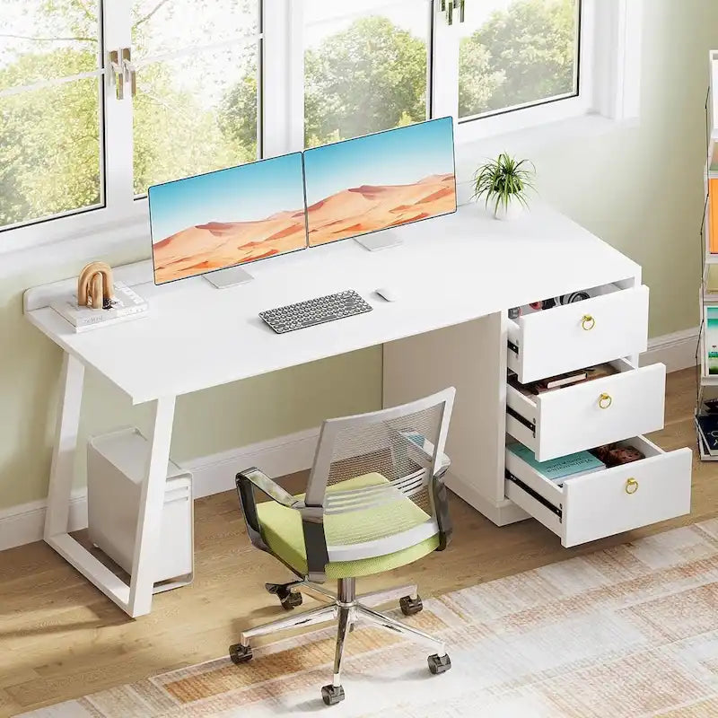 Scrivania bianca per computer con cassetti, tavolo da studio moderno da 140 cm per ufficio a casa