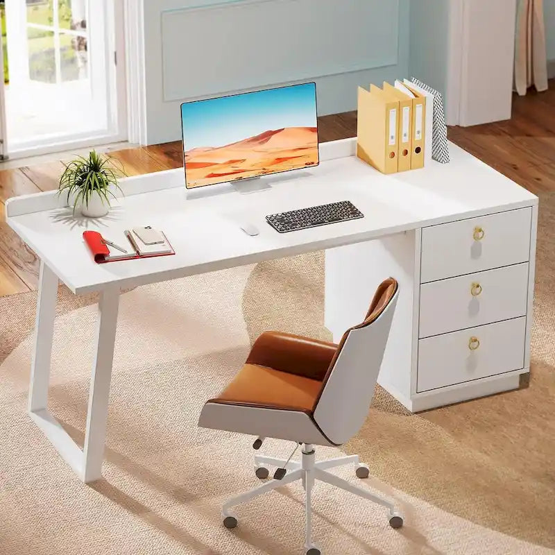 Scrivania bianca per computer con cassetti, tavolo da studio moderno da 140 cm per ufficio a casa