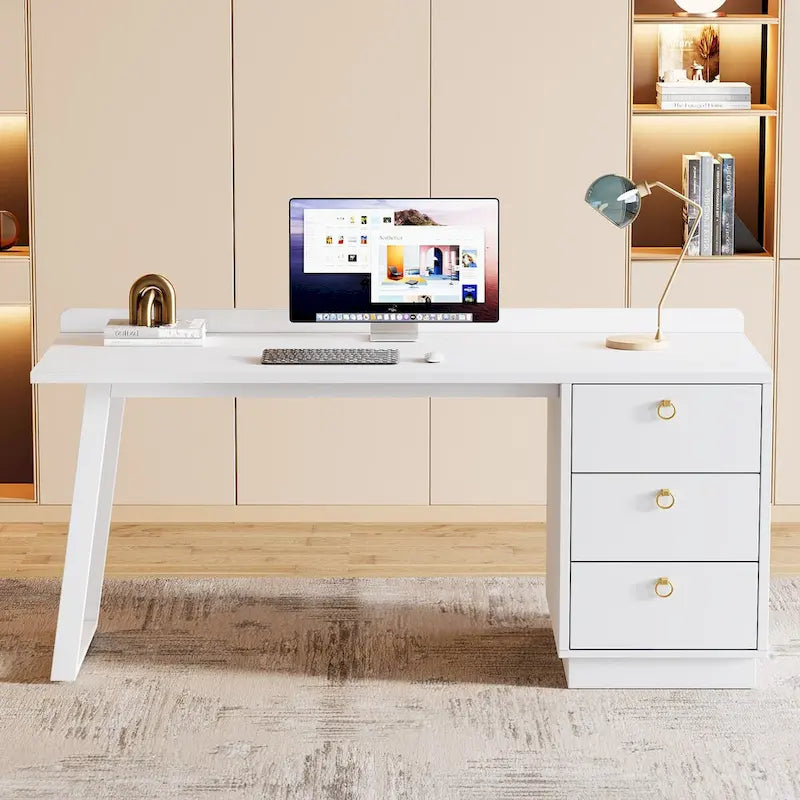 Scrivania bianca per computer con cassetti, tavolo da studio moderno da 140 cm per ufficio a casa