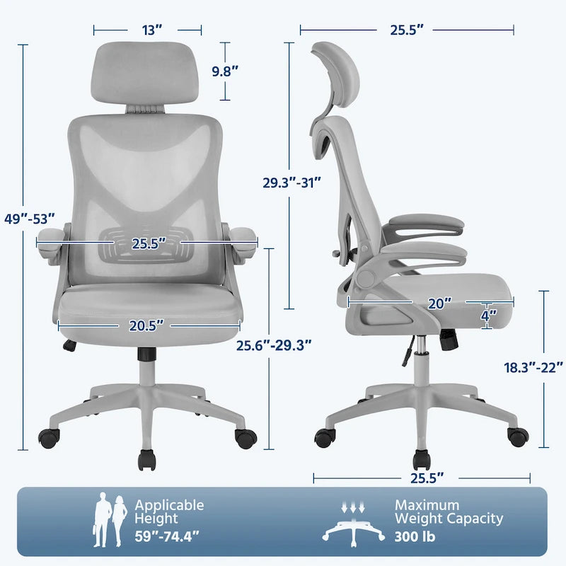 Sedia da ufficio in rete con schienale alto, braccioli ribaltabili e design ergonomico