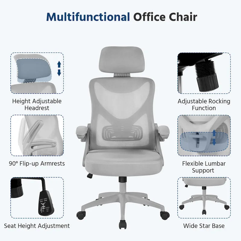 Sedia da ufficio in rete con schienale alto, braccioli ribaltabili e design ergonomico