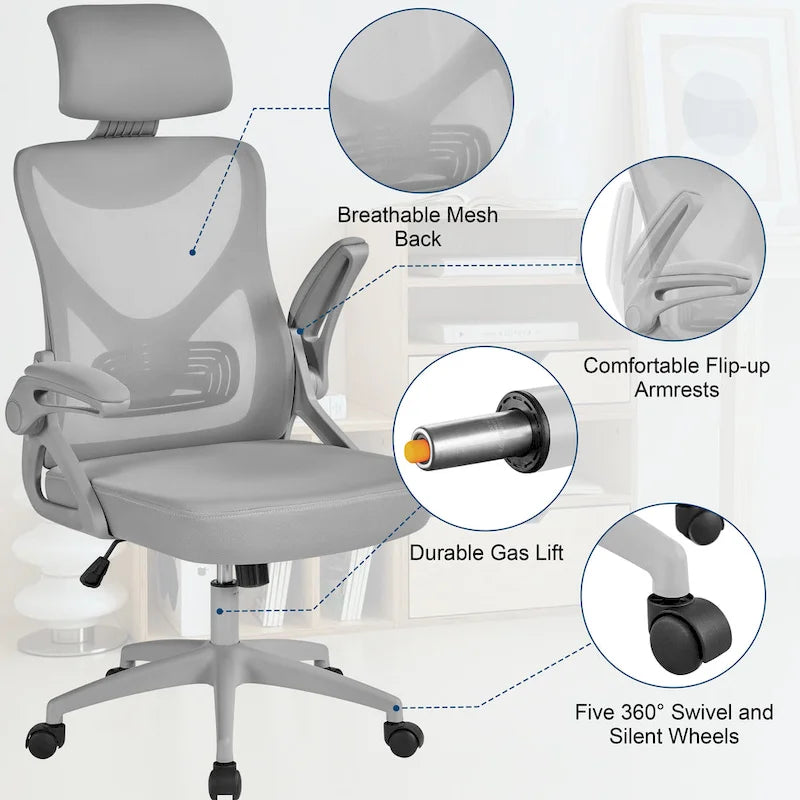 Sedia da ufficio in rete con schienale alto, braccioli ribaltabili e design ergonomico