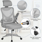 Sedia da ufficio in rete con schienale alto, braccioli ribaltabili e design ergonomico