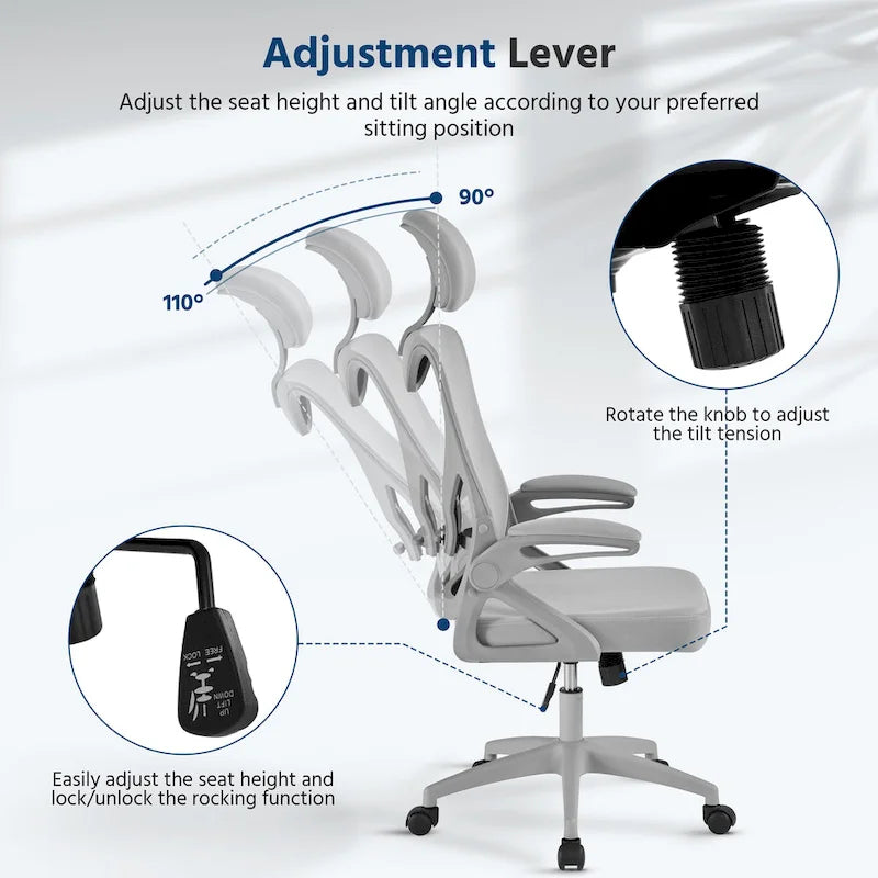 Sedia da ufficio in rete con schienale alto, braccioli ribaltabili e design ergonomico