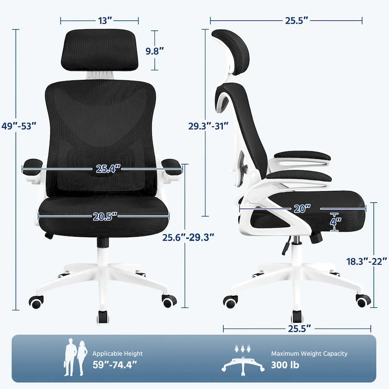 Sedia da ufficio in rete con schienale alto, braccioli ribaltabili e design ergonomico