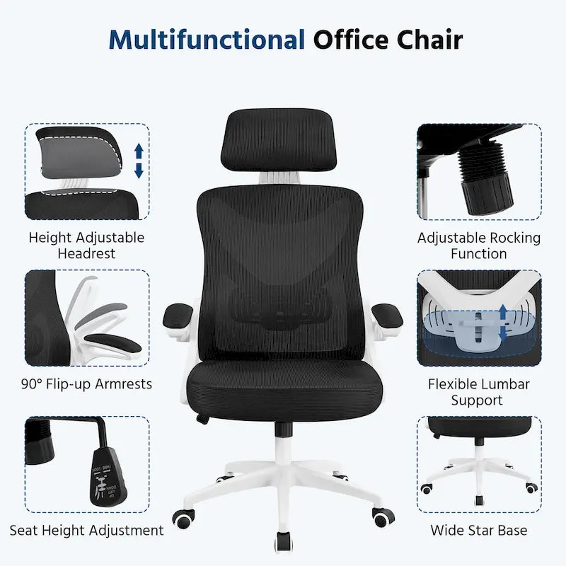Sedia da ufficio in rete con schienale alto, braccioli ribaltabili e design ergonomico