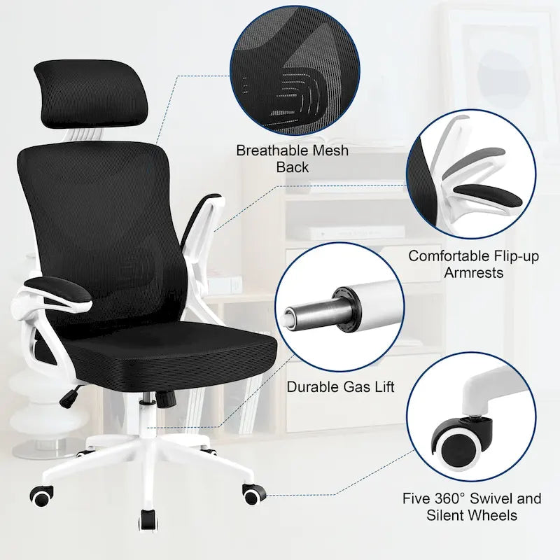 Sedia da ufficio in rete con schienale alto, braccioli ribaltabili e design ergonomico