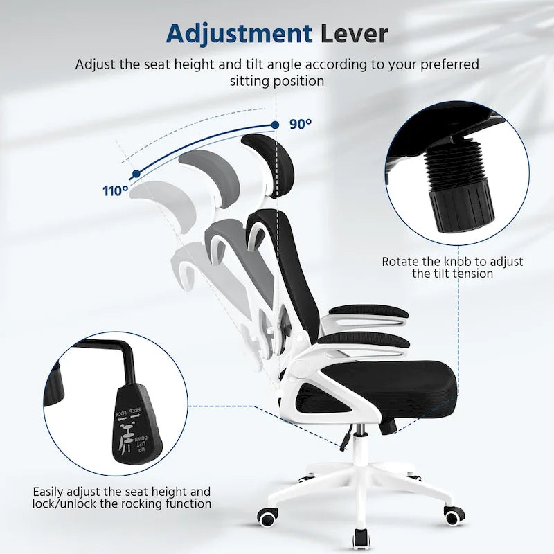 Sedia da ufficio in rete con schienale alto, braccioli ribaltabili e design ergonomico