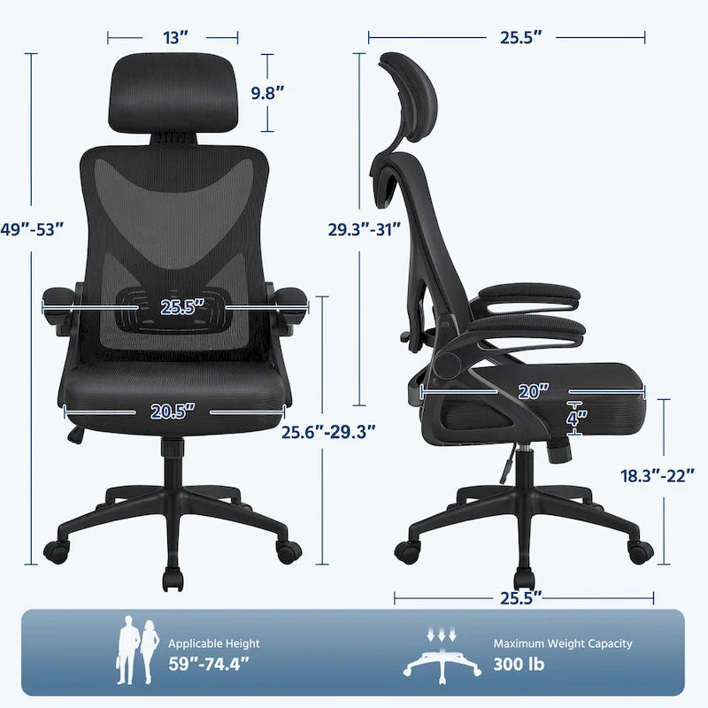 Sedia da ufficio in rete con schienale alto, braccioli ribaltabili e design ergonomico