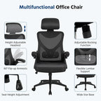 Sedia da ufficio in rete con schienale alto, braccioli ribaltabili e design ergonomico