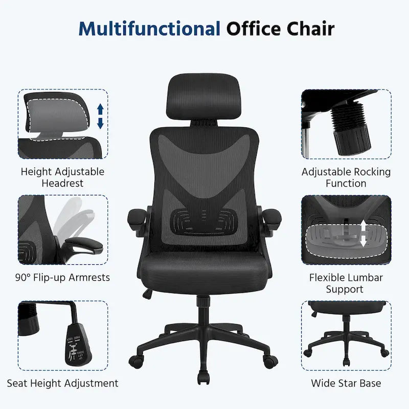 Sedia da ufficio in rete con schienale alto, braccioli ribaltabili e design ergonomico