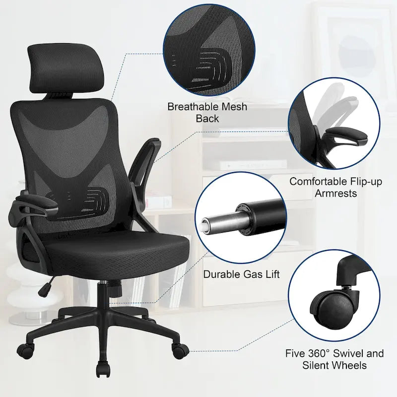 Sedia da ufficio in rete con schienale alto, braccioli ribaltabili e design ergonomico