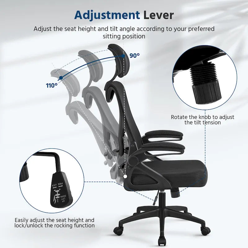 Sedia da ufficio in rete con schienale alto, braccioli ribaltabili e design ergonomico