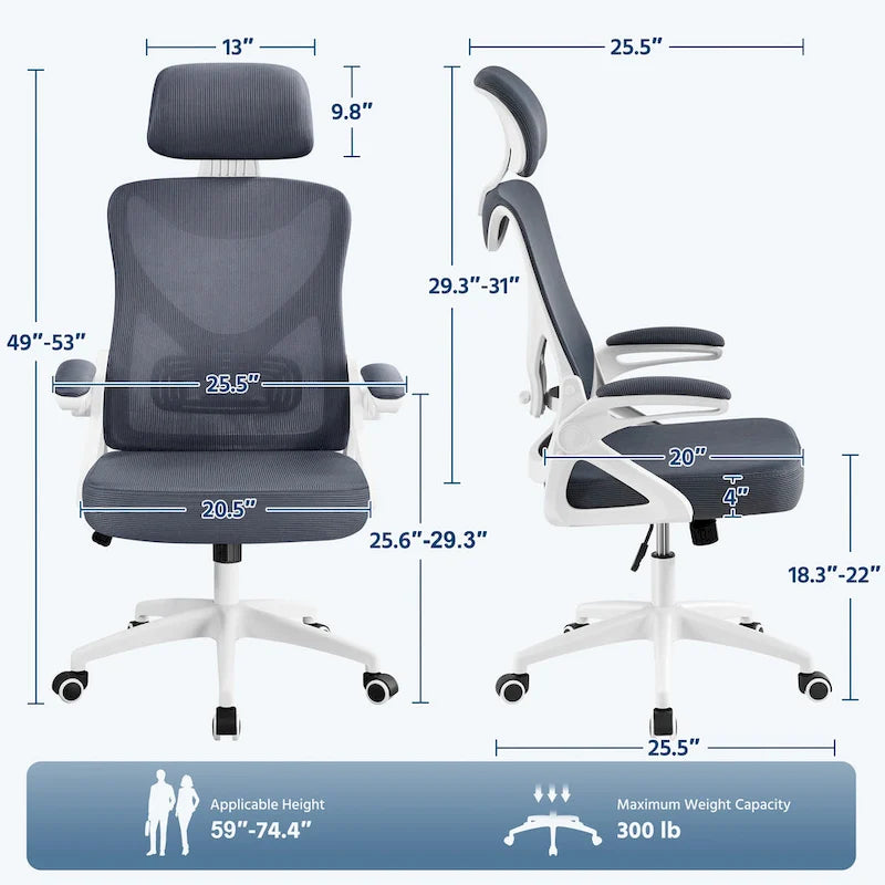 Sedia da ufficio in rete con schienale alto, braccioli ribaltabili e design ergonomico