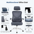 Sedia da ufficio in rete con schienale alto, braccioli ribaltabili e design ergonomico