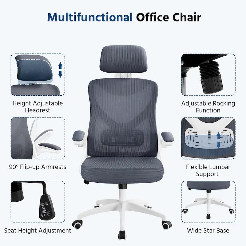 Sedia da ufficio in rete con schienale alto, braccioli ribaltabili e design ergonomico