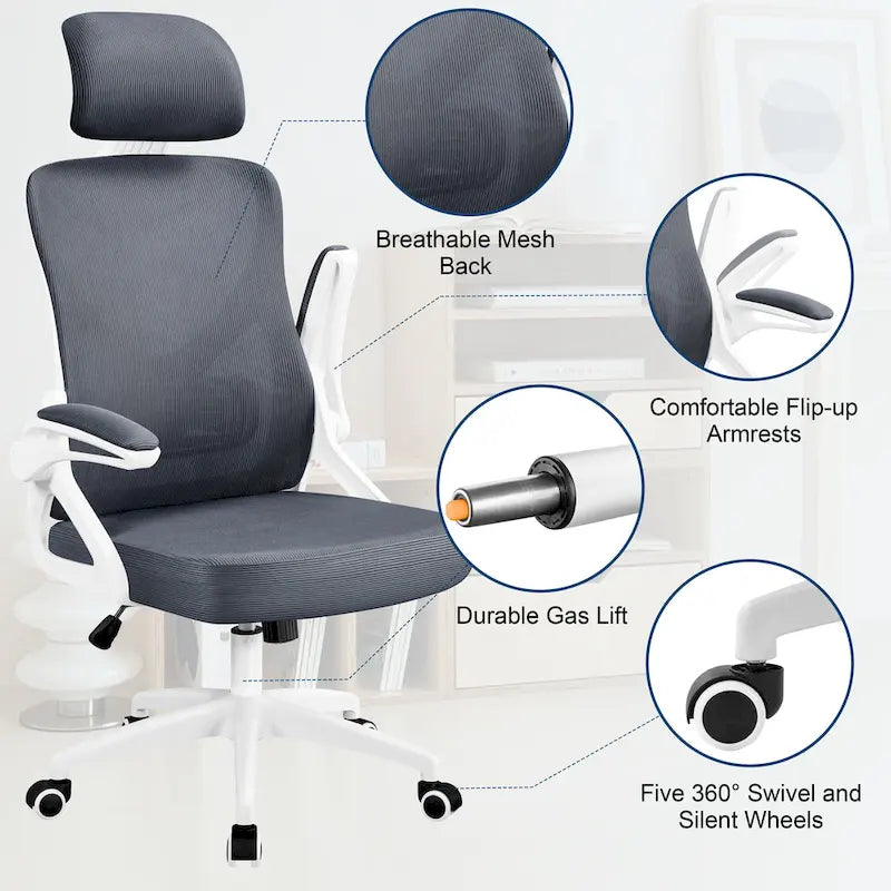 Sedia da ufficio in rete con schienale alto, braccioli ribaltabili e design ergonomico