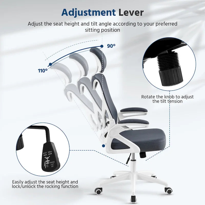 Sedia da ufficio in rete con schienale alto, braccioli ribaltabili e design ergonomico