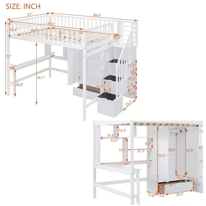 Letto a soppalco White Full Pine con libreria, cassetti, scrivania, armadio, scala contenitore