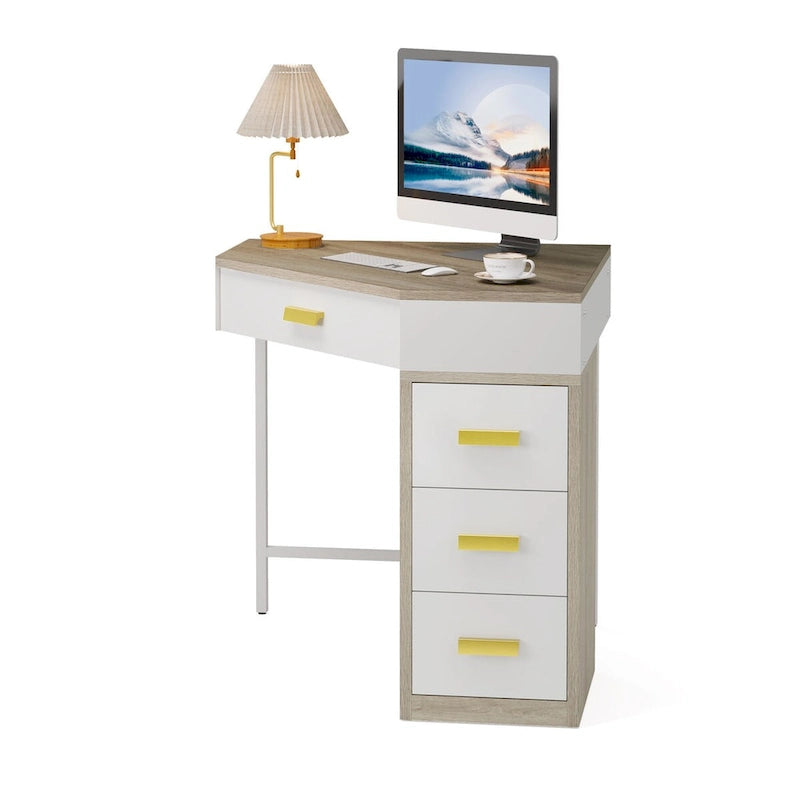 Scrivania angolare per computer in legno/metallo con 4 cassetti
