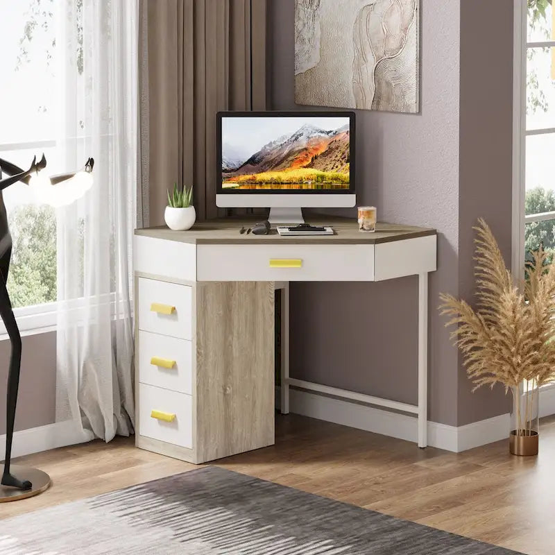 Scrivania angolare per computer in legno/metallo con 4 cassetti