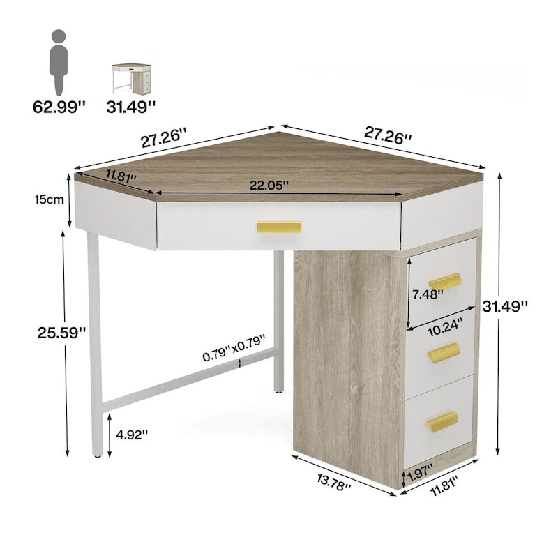 Scrivania angolare per computer in legno/metallo con 4 cassetti