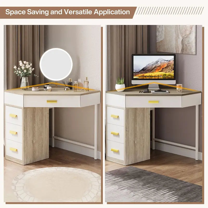 Scrivania angolare per computer in legno/metallo con 4 cassetti