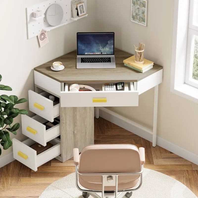 Scrivania angolare per computer in legno/metallo con 4 cassetti