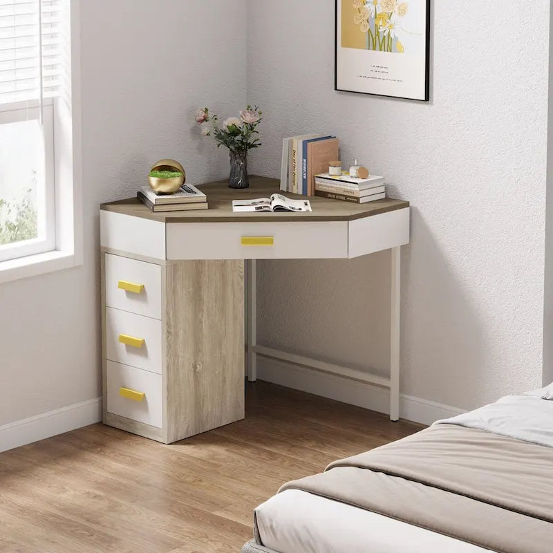 Scrivania angolare per computer in legno/metallo con 4 cassetti